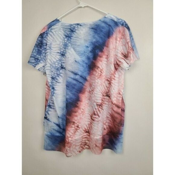 One World Womens Top Large Blue Red Tie Dye Lace Accent Short Sleeve Americana - Picture 3 of 8
